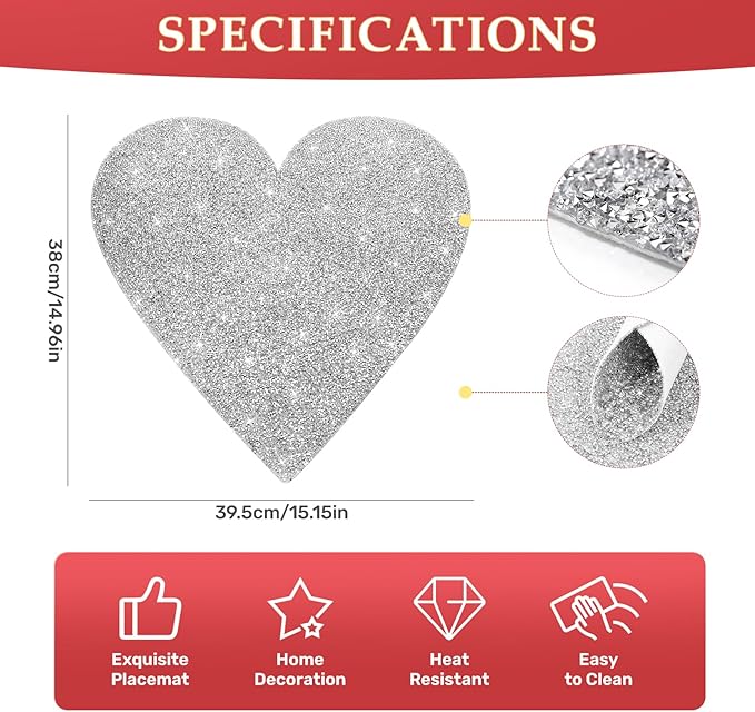 Glitter Heart Placemats Set of 4, Silver Heart Rhinestones 15 Inches Table Mat Decoration Placemat for Centerpiece Dining Table Valentines Day Family Frineds Birthday Gifts
