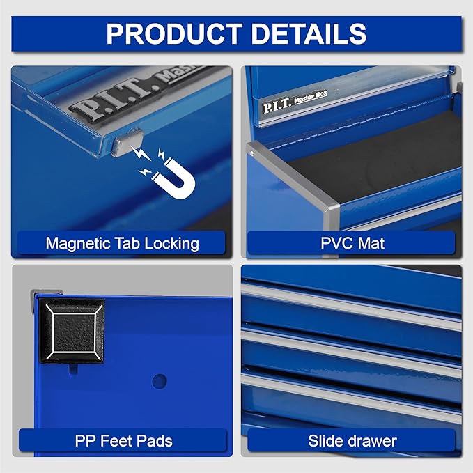 P.I.T. Mini Tool Box 8.6"W X 4.6"D, Portable 3 Drawer Steel Stackable Blue Tool Box with Magnetic Tab Locking, Blue Micro Top Chest with Liner for Tools Storage and Organizers, Home DIY