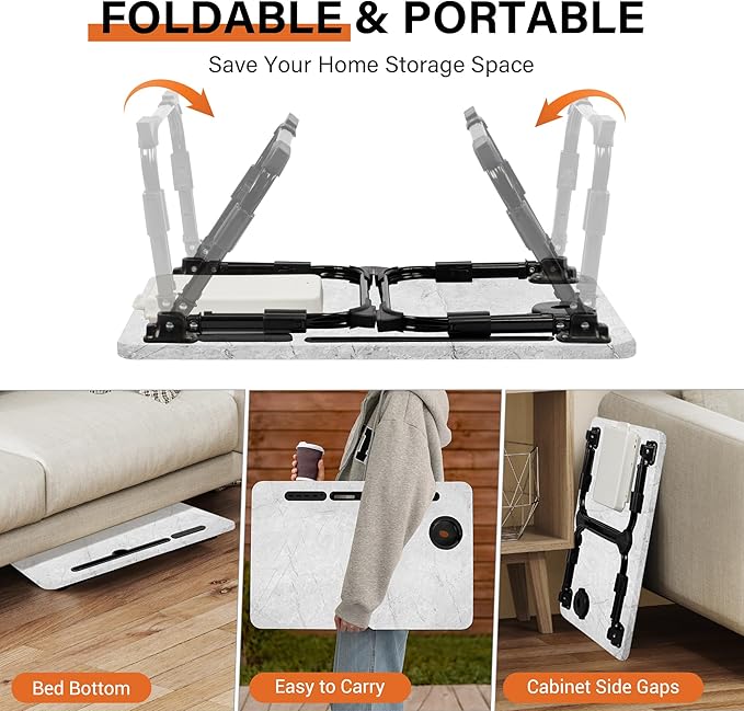 Lap Desk for Bed, Adjustable Laptop Desk with USB Charging Port, Storage Drawer & Bookshelf — Foldable Bed Desk for WFH & Students, 23.6" Desktop Fits 19" Laptop, Non-Slip, Light Stone Texture