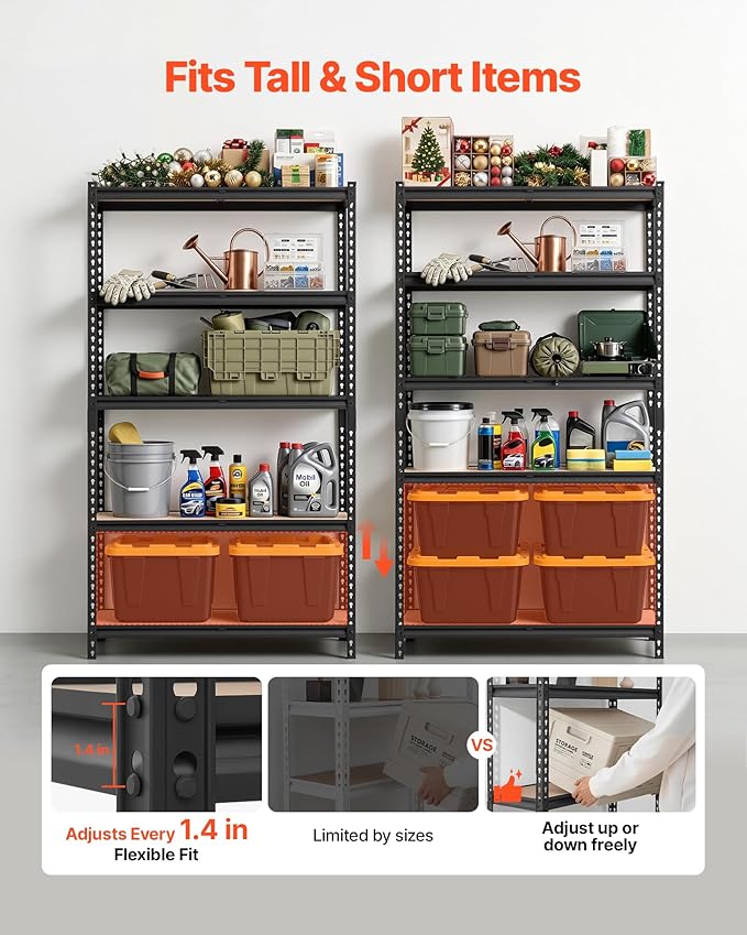 VEVOR Storage Shelves, 5-Tier Adjustable, 2500 lbs Capacity, Heavy Duty Garage Storage Shelving Unit, Metal Utility Rack Shelf, for Garage Warehouse Basement Kitchen, 40.35" W x 20.35" D x 71.38" H