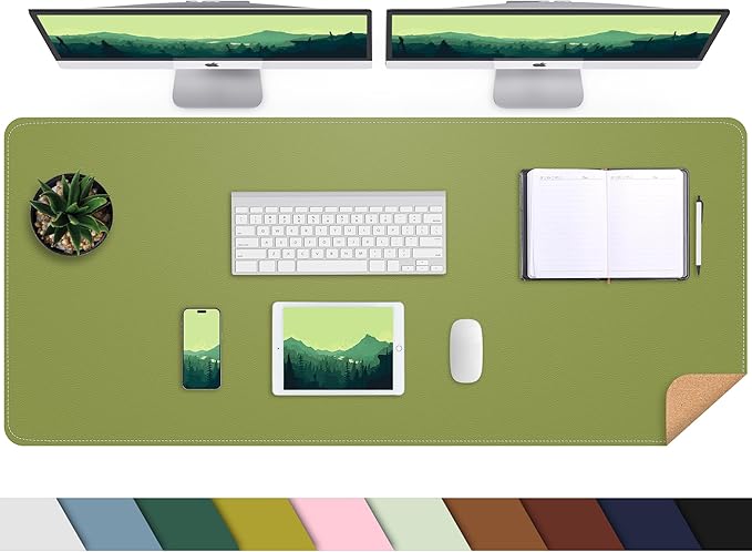 AFIING Cork Desk Mat 47" x 17", Dual-Sided Natural Cork & PU Leather Desk Pad, Non-Slip Waterproof Large Mouse Pad for Office, Home & Gaming (Olive Green)