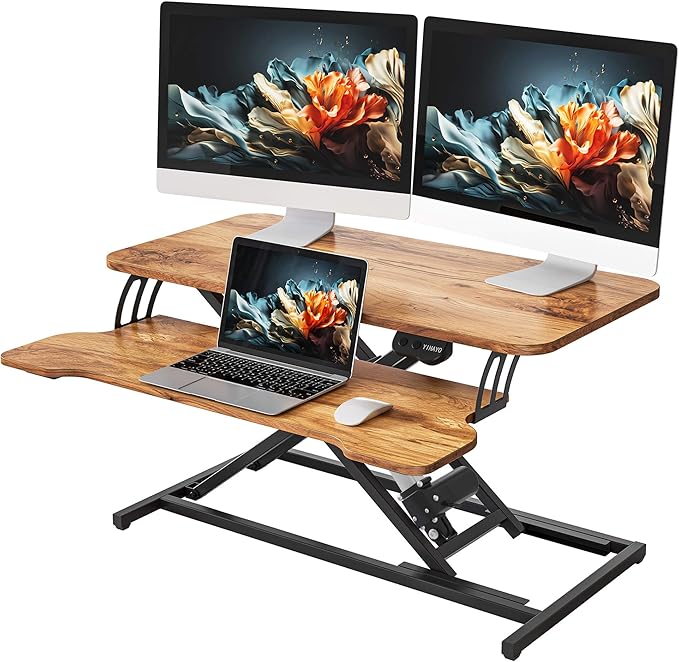 YIHAYO Electric Standing Desk Converter 32 inch, Sit to Stand Up Height Adjustable Desk Riser, Quick Sit to Stand Tabletop Dual Monitor Riser Workstation with Keyboard Tray, Rustic Brown