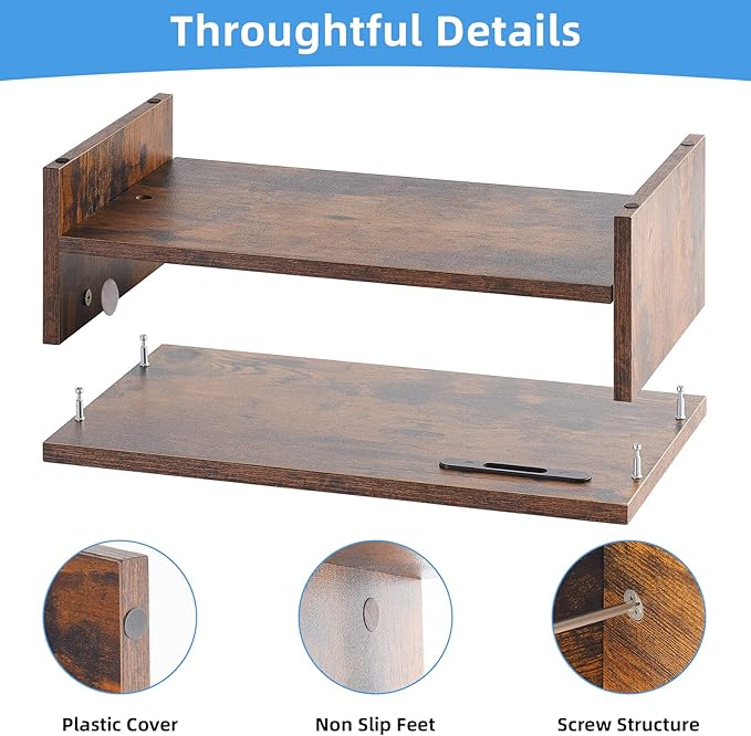 Marbrasse 16.5 Inch Monitor Stand, 2 Tier Computer Monitor Riser with Printer Shelf, Laptop Computer Screen Storage, Desktop Stand - Phone Holder & Cable Management (Vintage)