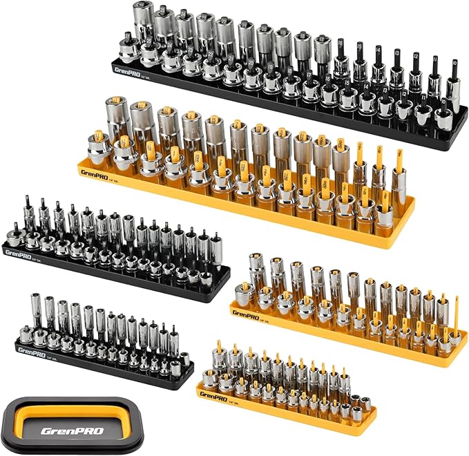 GRENPRO 7PCS Socket Organizer Tray Set with Mini Folding Tray, Yellow & Black Magnetic Socket Holder for 1/4", 3/8", 1/2" Drive Metric and SAE Sockets