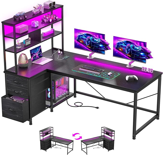 DurayLoly L Shaped Gaming Desk with 3 Tier Hutch&Shelves,47"x59" Reversible Computer Desk with 3Drawers, Tall Gamer Desk with LED Lights&Power Outlets, Home Office Corner Desk for Bedroom,Dorm,Black