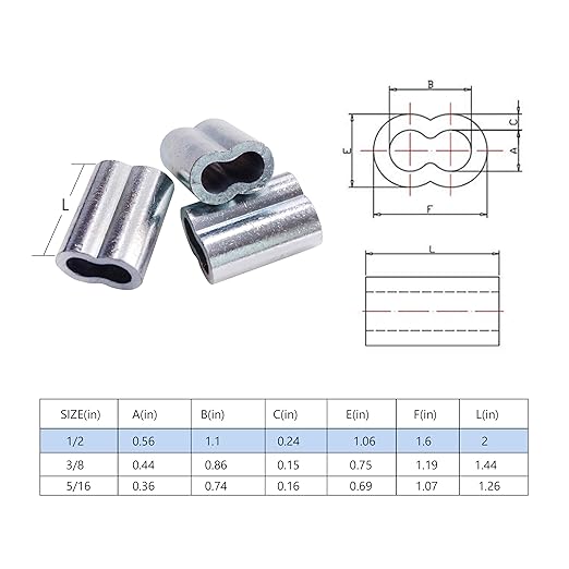 Wire Rope Sleeve, for Wire Rope Dia. 1/2", Aluminum Alloy, PK 10
