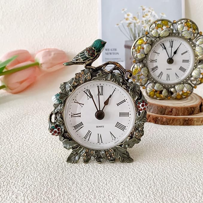 Silent Mini Vintage Analog Table Clock with Hand-Painted Metal Body and Battery Operated Non-Ticking Core for Shelf, Bedroom, Bedside, Desk, Gift Clock