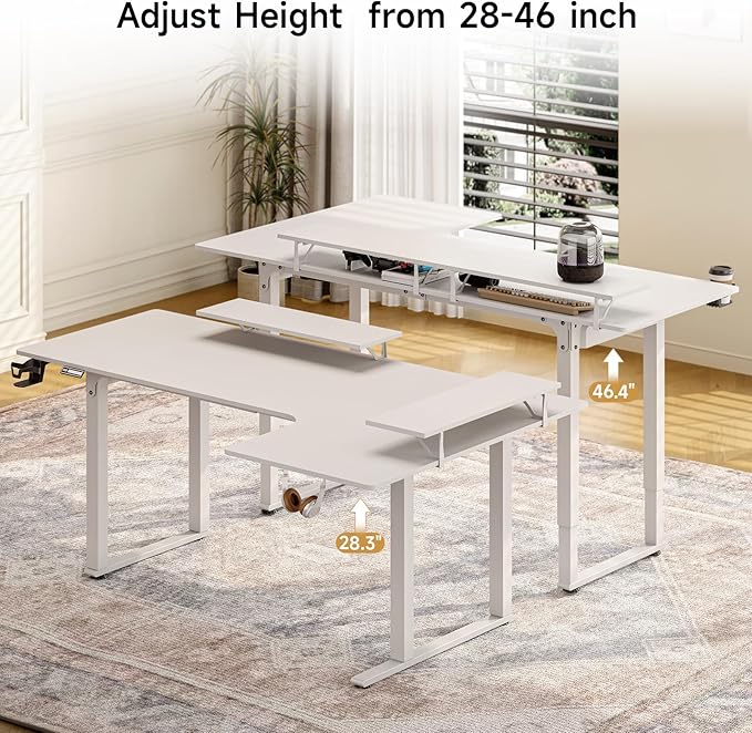 L Shaped Electric Standing Desk, 63x43'' Computer Desks with 2 Monitor Shelves, Dual Motor and Memory Controller, Gaming Corner Desk Adjustable Height from 28-46'' for Home Office Workstation, White