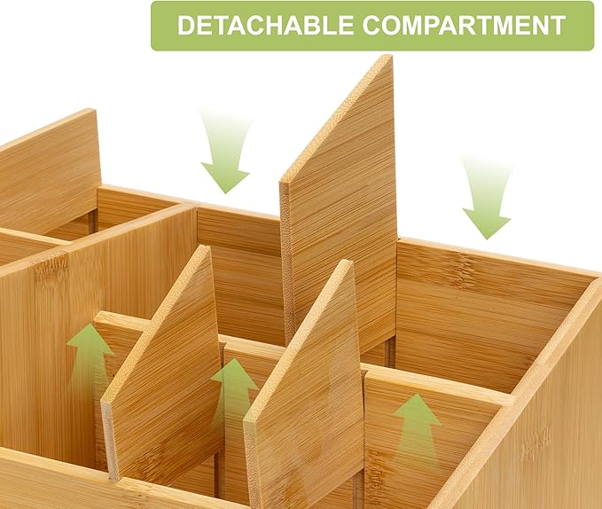 Bamboo Desktop Organizer 8 Compartment Cosmetic & Jewelry Holder with 3 Drawers, Vanity Storage Box for Skincare, Accessories & Beauty Products Display with Adjustable Dividers No Assembly Required