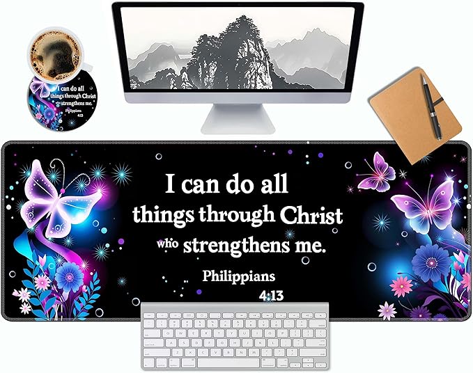 Extended Large Mouse Pad 31.5 x 11.8 Inches – AiLiTeck Premium Desk Mat Mousepad with Stitched Edges, Waterproof, Non-Slip Rubber Base for Office Home, Includes Coaster–Bible Verse Butterflies