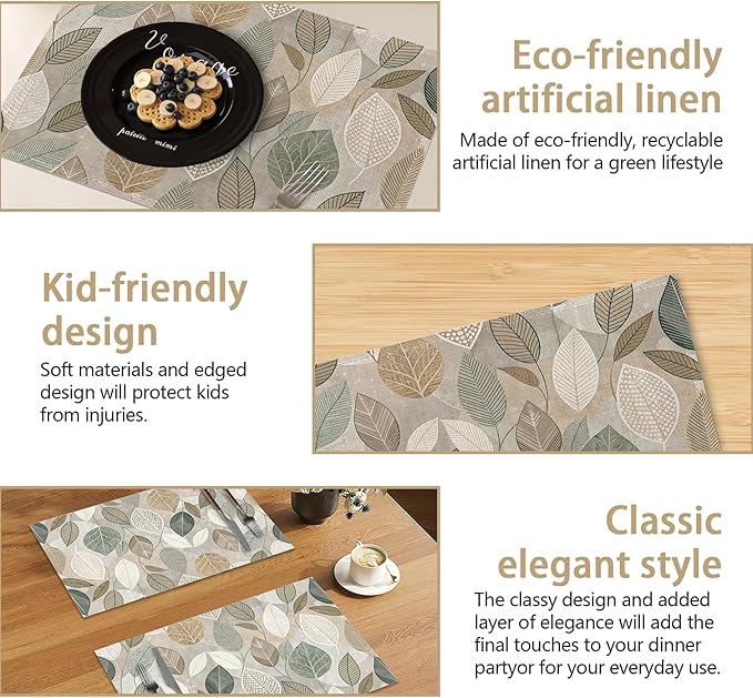 Linen Placemats Set of 6, Boho Green Leaves Washable Table Mats 12x18 Inch, Heat Resistant Non Slip Placemats for Dining Table Kitchen Everyday Use