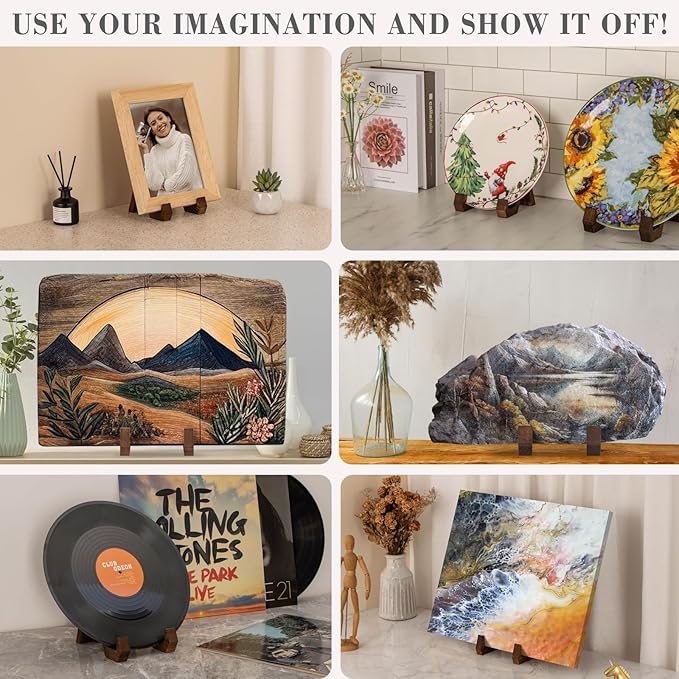 ANBOXIT Plate Display Stand, 3 Pack 6 Inch Plate Holder for Displaying, Decorative Picture Frame Dish Photo Plaque Platter Wood Stand