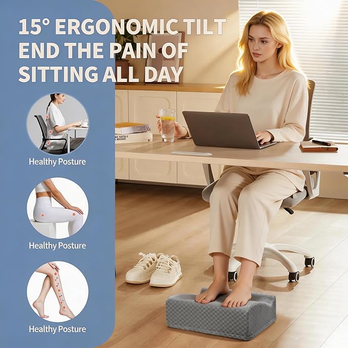 Ergonomic Foot Rest for Under Desk at Work – 15° Tilt Angle Under Desk Footrest with High-Resilience Foam, Velvet Top & Non-Slip Base, Comfortable Foot Stool for Office Chair and Home, Grey