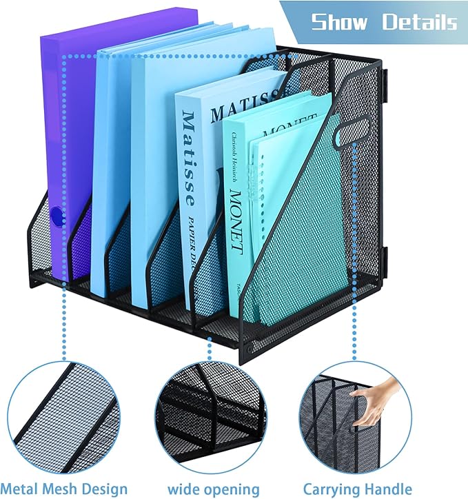 Desk Organizers Metal Magazine File Holder Racks Desktop Folder Storage Binder Organiser Document Organization for Home Office & Classroom,5 Vertical Compartments