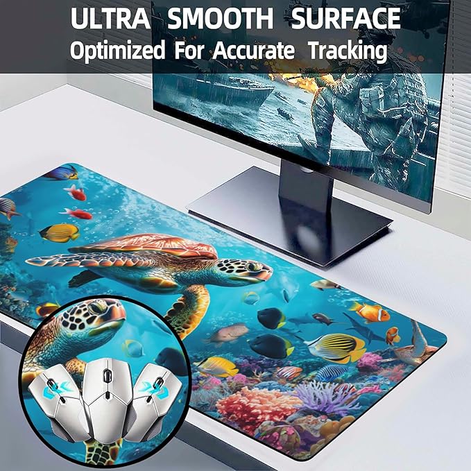 XL Mouse Pad,Sea Turtle with Colorful Fish Large Gaming Mouse Pad,The Underwater World Desk Mat,Extended Big Computer Keyboard Desk Pad with Non-Slip Base Stitched Edges 31.5"x11.8"