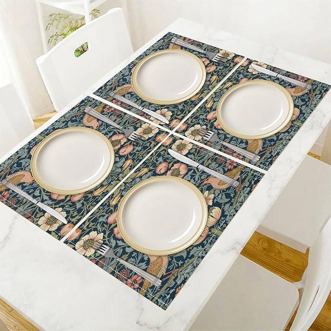 William Morris Bird Placemats Retro Bird Elegant Animal Pattern Linen Washable Table Mats Stain Heat-Resistant Desktop Decor Place Mats for Home Kitchen Dining Party 12x18 in 6 PCS