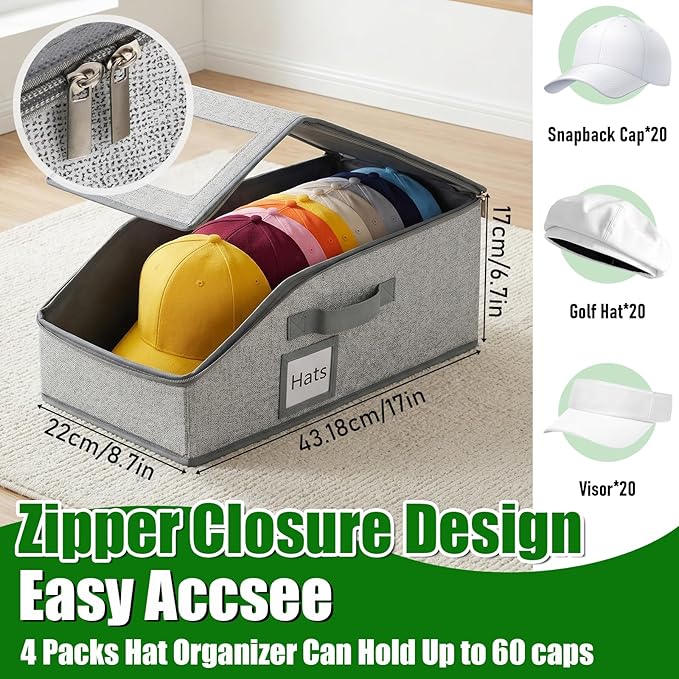 4 Pack Hat Organizer for Baseball Caps, Stackable Hat Storage Box with Clear Window Lid, Holds up to 56 Ball Cap Storage Organizer, Foldable Hat Box Holder for Closet Bedroom Shelf (Grey)