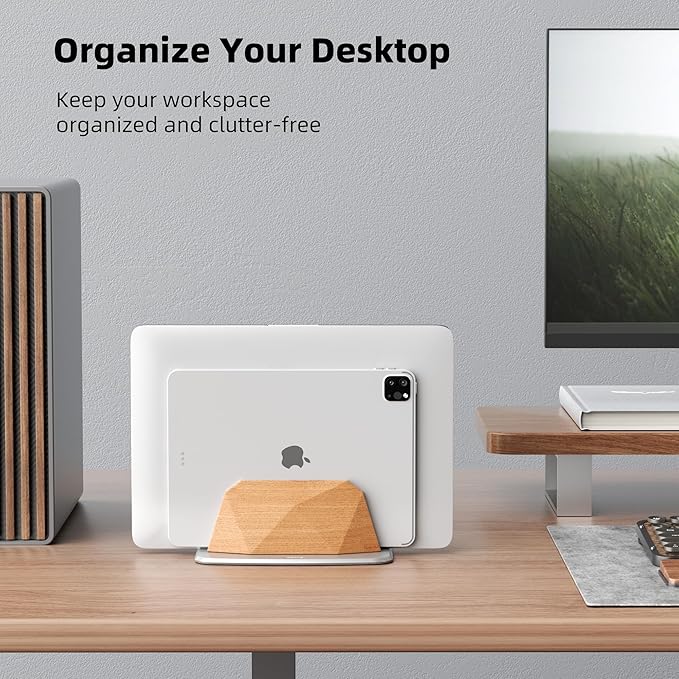 AFOOYO Vertical Laptop Stand - Dual Slots Wooden Adjustable Laptop Holder,Desktop Dock Compatible with All MacBook, Surface,Chromebook,Dell & More(Beechwood)