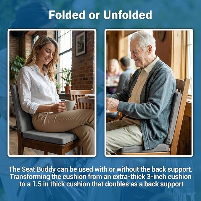 Skil-Care Seat Buddy Portable Seat Cushion, Foldable Chair Cushions with Non-Slip Bottom for Office Chair, Recliner Chair, Stadium Seats, Wheelchair, Travel, 16"x16", Grey Cozy Cloth, 914352