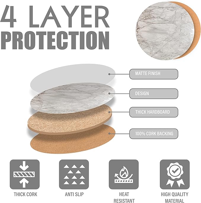 Dainty Home Silver Marble Round Cork Placemats - Heat Resistant Placemats, Non-Slip, Easy Clean Placemats for Elegant Dining - 15"x15" Set of 2 - Perfect for Stylish, Modern Homes