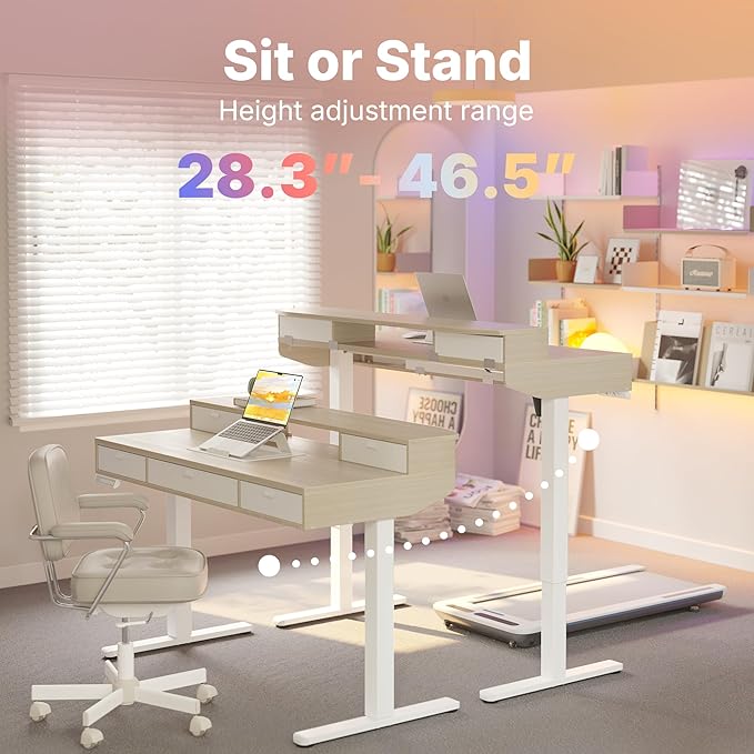 HUANUO 48 X 24 inch Electric Standing Desk with 4 Drawers, Adjustable Height Sit Stand Home Office Desk, C-Clamp Mount Compatible, Ergonomic Stand up Desk with 4 Preset Heights, Natural