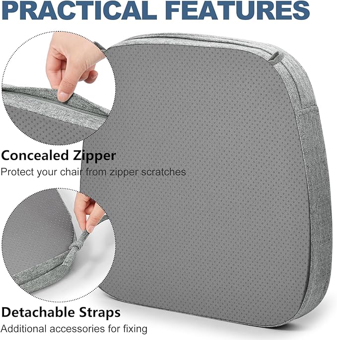 Shinnwa Seat Cushion for Kitchen Chair, Non-Slip Dining Chair Cushion with Detachable Straps and Machine Washable Cover, 17x16x2in, Grey