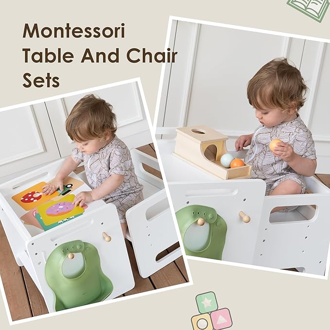 bpmfkid Montessori Weaning Table and Chair Set - Adjustable Design for Toddlers, Ideal for Mealtime, Learning, and Play, White