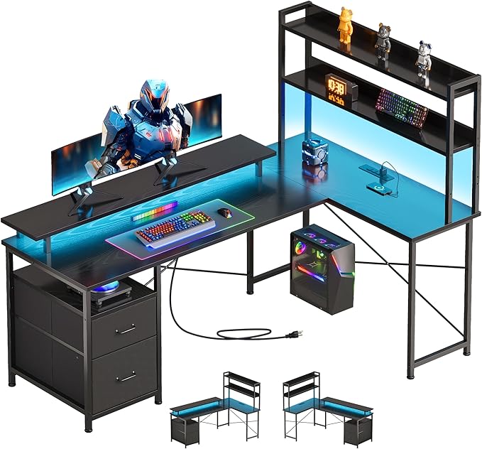 Maihail L Shaped Gaming Desk with Shelves,Reversible Computer Gaming Desk with LED Lights and Charging Station,Home Office Corner Desk with Monitor Stand,Black