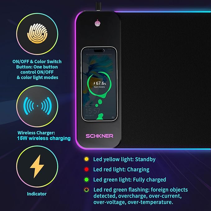 Schkner RGB Gaming Mouse Pad with Wireless Charging 15W, Large Desk Mat 800x300x4mm, 10 Light Modes Keyboard Pad with Non-Slip Rubber Base, Waterproof Mousepad for Gaming PC MacBook Laptop