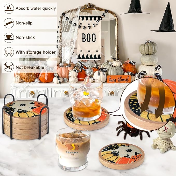 Fall Coaster Set of 6 Cewiru Halloween Coasters for Drinks Absorbent Cup Mats for Table Protection Unique Halloween Round Coasters for Coffee Table Kitchen Decor 4.3"