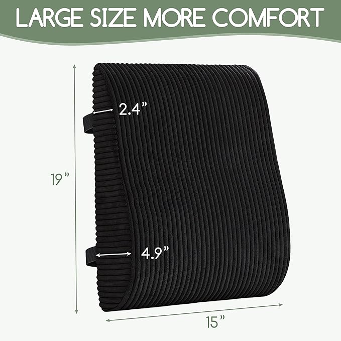 Ergonomic Lumbar Support Pillow for Lower Back Pain Relief, Corduroy Cover Back Support Cushion with Adjustable Straps, Large Size Lumbar Pillow for Office, Gaming & Home Essentials, Large, Black