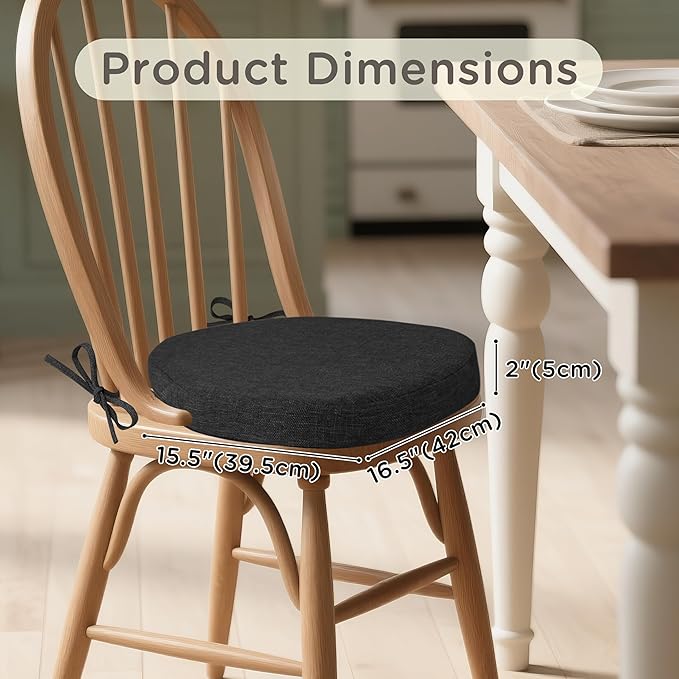 Windsor Chair Cushions for Dining Chairs 1 Pack Non Slip Kitchen Seat Cushion with Ties and Washable Covers Indoor Comfortable Seat Pad with Thick Foam 16.5" x 15.5" x 2" Black