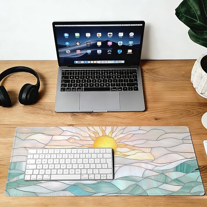 Abstract Serene Ocean Sunrise Mouse Pad,35.4 x 15.7 Inch Large Mouse Mat Non-Slip Rubber Stitched Edges for Writing Desk,Office,Home,Laptop