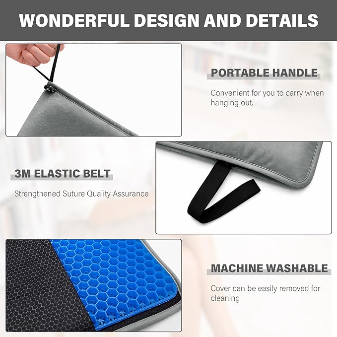 SPRING SEAON Large Gel Seat Cushion for Pressure Relief – Honeycomb Buffer Design with Extra Thick Filling, Anti-Slip Bottom, Perfect for Long Sitting, Travel, Airplane and Daily Comfort (Gray)
