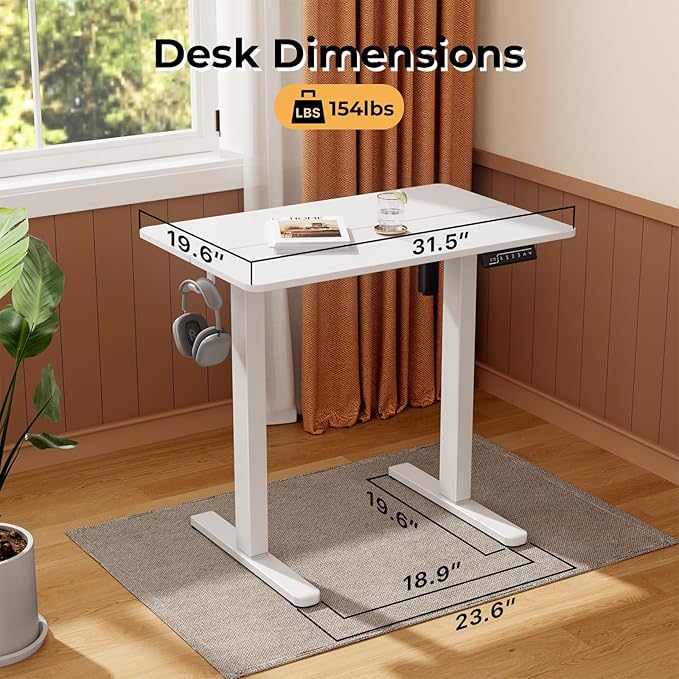 Small Electric Standing Desk, 32" ×20" White Standing Desk, Height Adjustable Compact Sit Stand Workstation with Splice Board, Home Office Desk with 2 Hooks