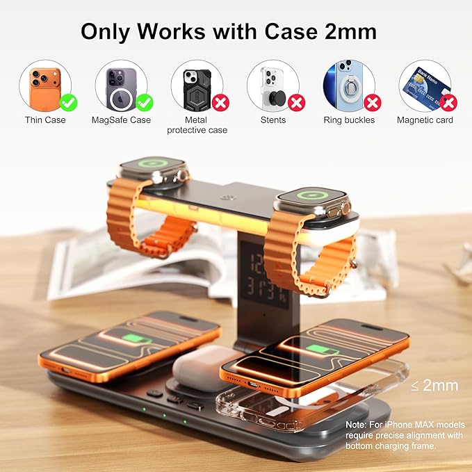 7-in-1 Wireless Dual Phone Charging Station for Apple, Samsung, Google, Dual Magsafe Charger for iPhone 17-12 Series, for Dual Apple Watch Charger for iWatch, with Air Pods Charger, Night Light&Clock