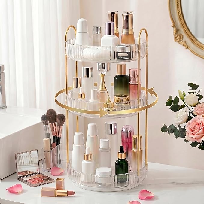 Aveniee Crystal Three-Layer 360° Rotating Cosmetic Stand, Premium Solid Metal Pole Sturdy Construction, Translucent Revolving Beauty Storage Unit for Vanity, Sink or Bathroom Shelf, White