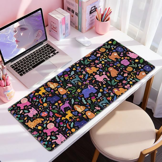 DINKY Desk Mat, Leather Keyboard and Mouse Pad for Desk, Black Office Desk Pad for Girls, Non-Slip Large Gaming Mouse Pads Desk Cover Decor 35.4"x15.7", Cute Dogs