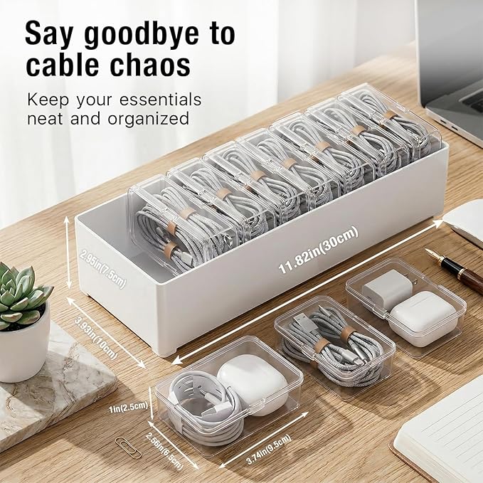 2 PCS Cable Organizer Box with 11 Standalone Cable Management Box, Charger Cord Organizer for Home/Office Desk Accessories Storage Stationery Supplies & Accessories（Clear）