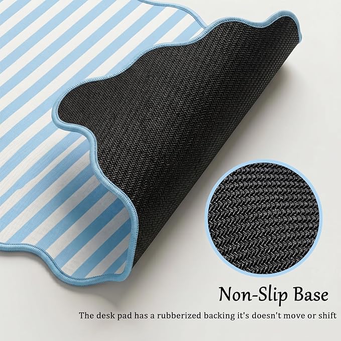 Scalloped Desk Mat Extended Large Cute Striped Mouse Pad Big Desk Pad XXL Aesthetic Stripe Mousepad Gaming Mouse Pad for Keyboard Computer Laptop Home Office Accessories 35.4X15.7Inches Blue White
