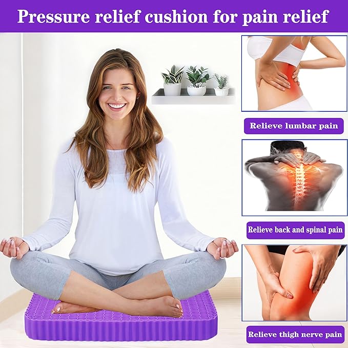 Innovative Gel Seat Cushion for Long Sitting, Soft and Breathable, Seat Cushion for Back, Sciatica, Hip, Tailbone Pain Relief, Used for The Office, Wheelchair, Recliner, Car, Stadium, Kayak.(Púrpura)