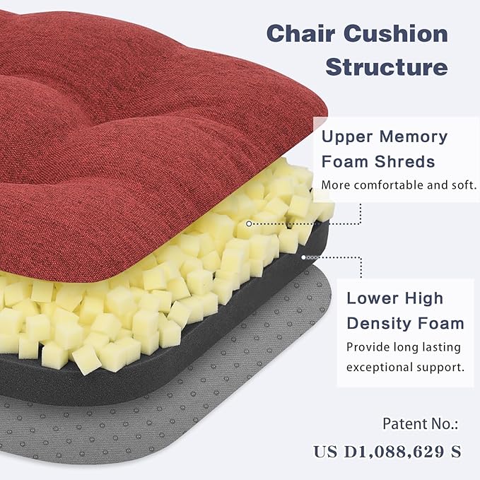 baibu Set of 2 Dining Chair Cushions, Dual-Layer Patent Design Memory Foam Kitchen Chair Cushions, Non-Slip Seat Pads with Ties, 16.5 x 16.5 x 3.5in, 2 Pack, Red