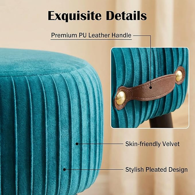 Small Footstool with Handle, Velvet Ottoman Foot Rest with Padded Seat, Curved Foot Stool with Wooden Legs, Portable Foot Rest for Living Room, Bedroom, Entryway, Peacock Blue