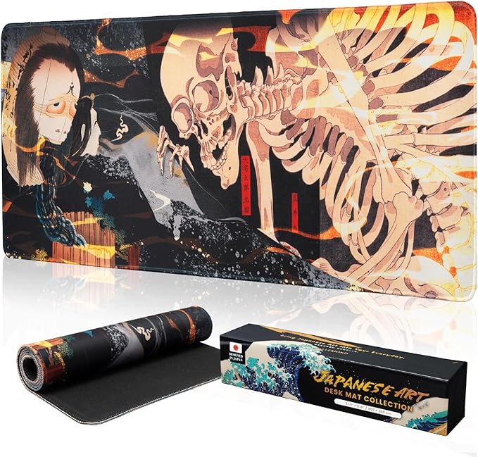 BELLEMOND Japanese Art Desk Mat | Large 31.5x11.8in Anime Mouse Pad for Keyboard & Mouse | Non-Slip Base, Water-Repellent | Original Japanese Design | Yokai Rising