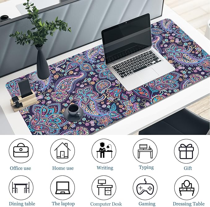 Mouse Pad Paisley Floral, Desk Mat for Desktop, Boho Flowers Desk Pad Extended XXL Large Gaming Mouse pad Anti-Slip with Stitched Edges Waterproof Computer Laptop Keyboard Desk Mat for Women Girls