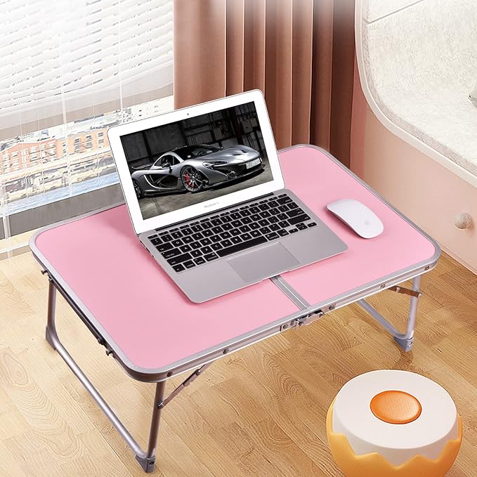 Foldable Laptop Table with Hidden Storage, Portable Bed Tray with Folding Legs for Studying, Reading, Working, Breakfast and Picnic, Lap Desk for Sofa, Couch, Floor & Outdoor Use (Pink)