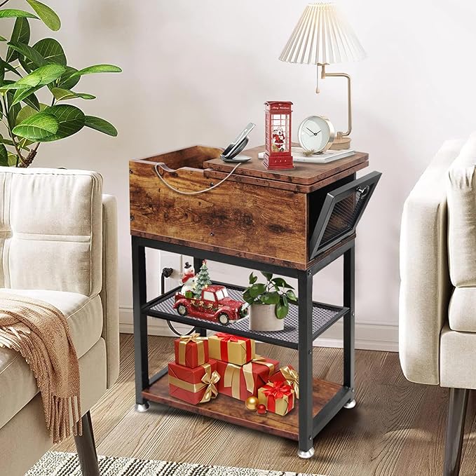 End Tables for Living Room, 28 inch Tall Side Table, End Tables with USB Ports and Outlets, 8.4" Super Deep Drawer, Flip Top End Table with Charging Station, Sturdy Steel X-Shaped Frame, Holds 216lbs
