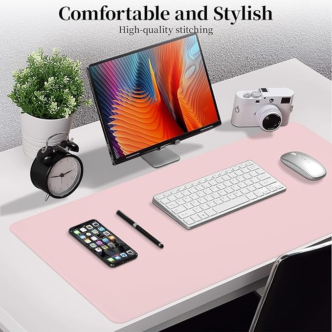 Pink Leather Desk Mat Large Mouse Pad, Waterproof Desk Pad for Keyboard and Mouse, Non-Slip Computer Desk Protector, Smooth Mouse Movement Desk Mat for Home and Office(35.4"×17")