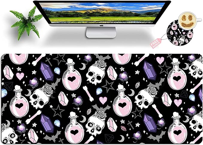 Mouse Pad Large with Coaster, 35.4"x15.7" Skull Goth Magic Cute Witchy Theme Design Full Desk Mousepad Stitched Edges Desk Pad Extended Large Gaming XXL Mouse Pad for Desk Office Home