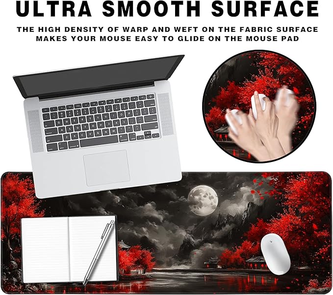 Long Gaming Mouse Pad Extended Anime Large Desk Pad with Non-Slip Base Full Keyboard Mat with Stitched Edges for Gaming and Office 31.5 x 11.8 inches (Dark Full Moon)